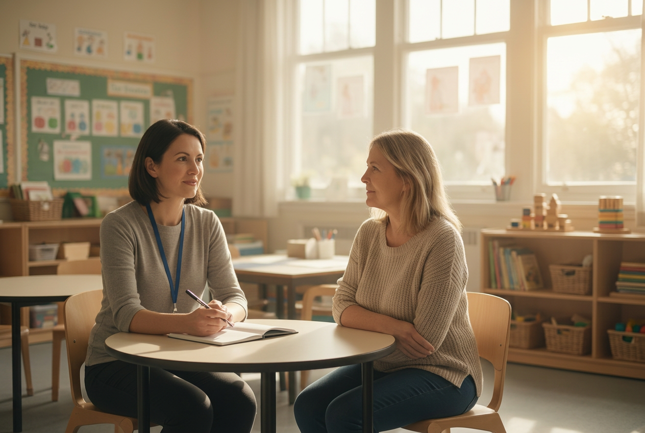 A teacher and a parent in calm conversation at a sunlit classroom table
