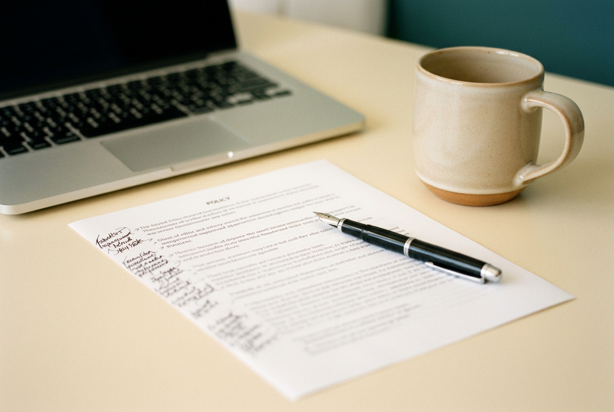 Desk with an open laptop, an annotated policy document and a fountain pen