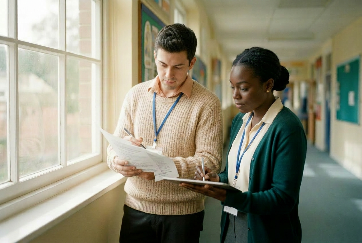 Two education professionals reviewing a printed report and tablet by a sunlit window