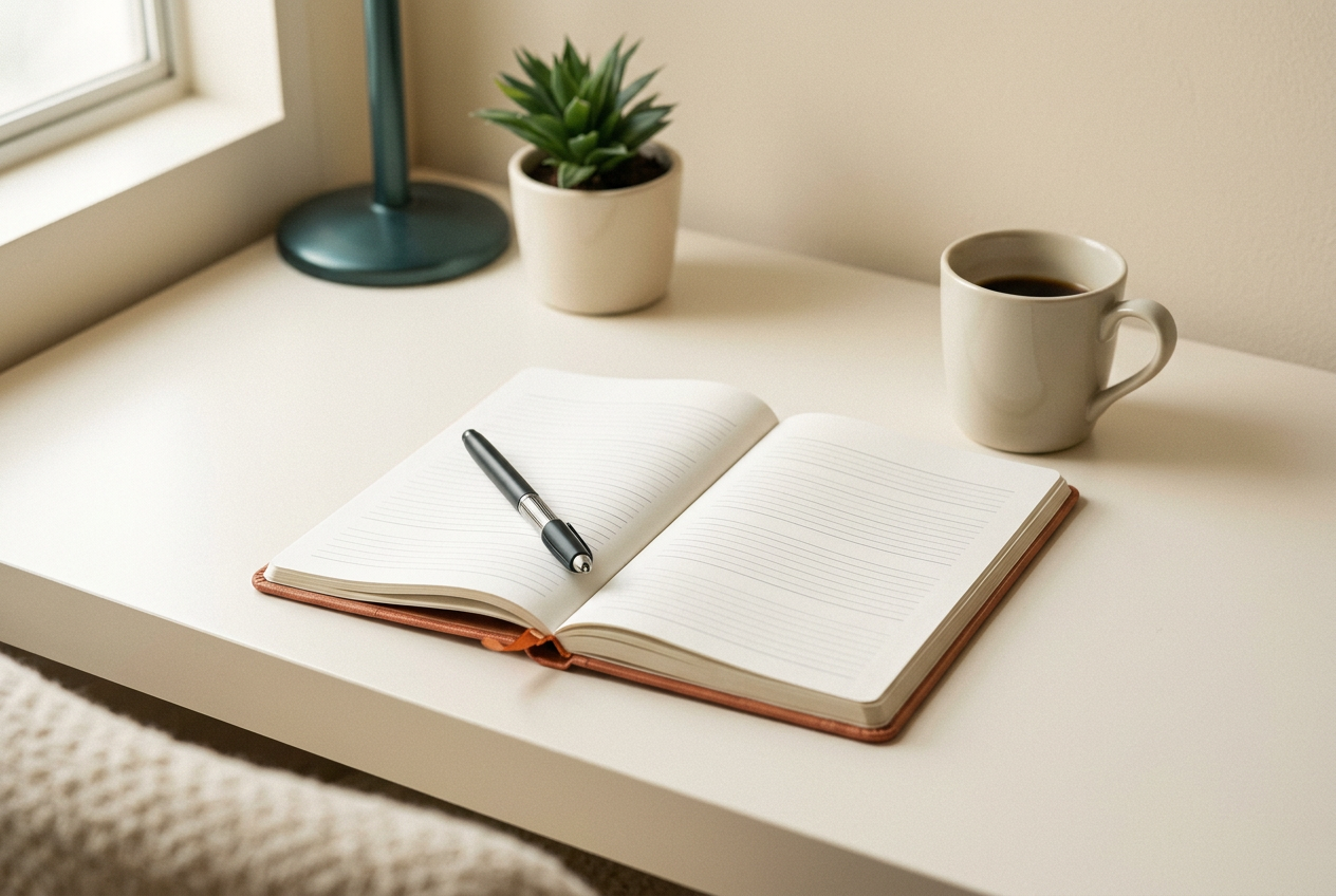 Open planner with a pen, coffee cup and small plant on a tidy desk in soft daylight