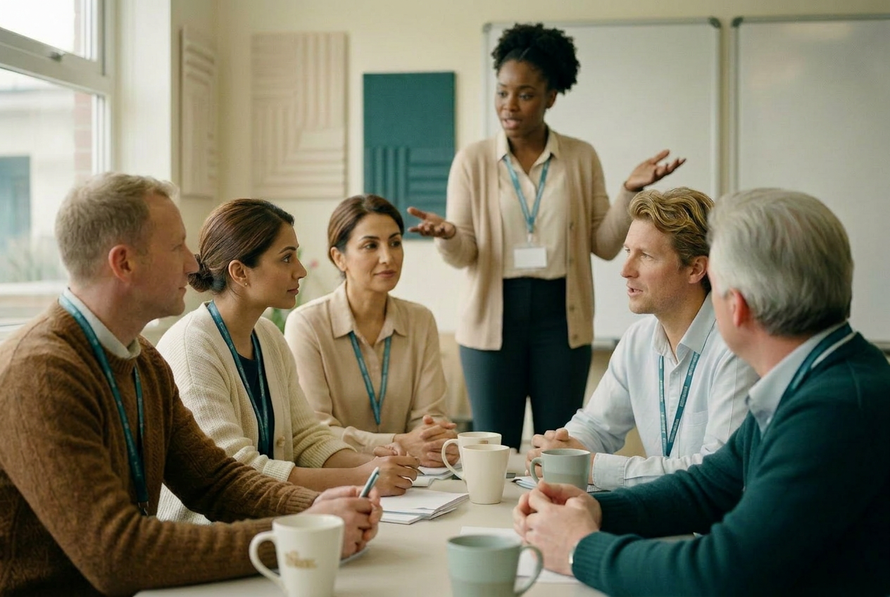 Small-group training workshop with a presenter and flipchart in a calm meeting room